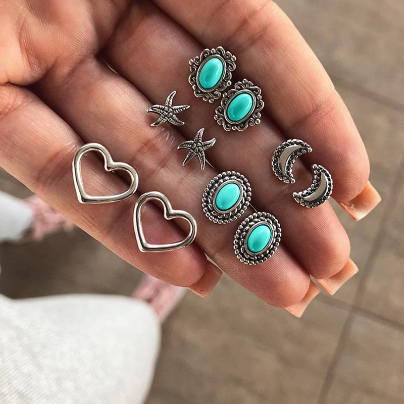 

10Pcs/Set Bohemian Silver Color Heart Moon Star Oval Crystal Stud Earrings Female Birthday Party Jewelry Gift Women Earring Set