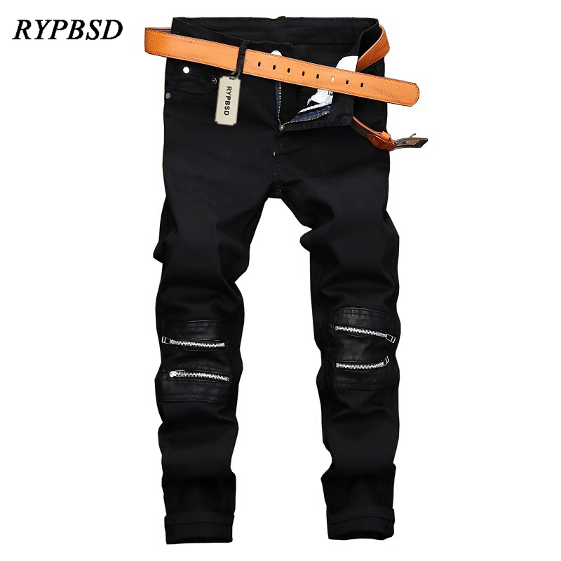 

New Arrival 2020 Zipper Leather Patchwork Black Stretch Skinny Jeans Pants Men Fashion Hip Hop Punk Rock Straight Denim Pants, As picture black