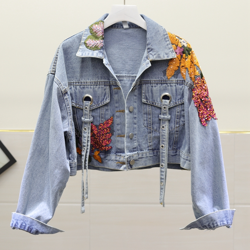 

Spring Autumn New Women Sequin Flower Embroidery Plus size Denim jacket Female Short Washed Light blue Jean jacket Ropa de mujer