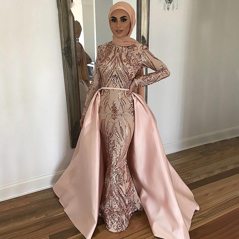 

Elegant Rose Pink Mermaid Muslim Hijab Lace Prom Dresses With Detachable Train Long Sleeve Dubai Women Wear Formal Evening Gown Party Dress, Same as picture