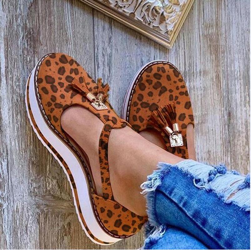 

Leopard Casual Wedges Shoes Soft Thick Bottom Slip On Tassel Round Head Shoes Women Breathable Pumps Single, Brown