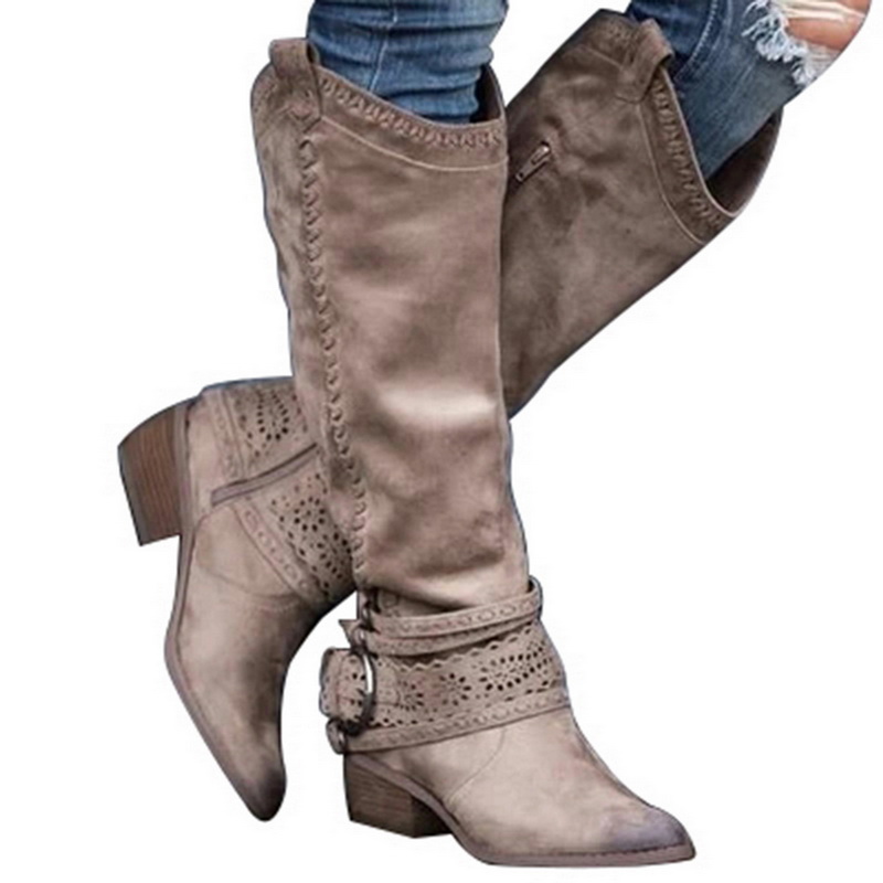

Vogue Suede Openwork Knee High Boots Women Pointed Toe Buckle Strap Heels Winter Long Boots Zip Thigh High Loose Nice, Khaki