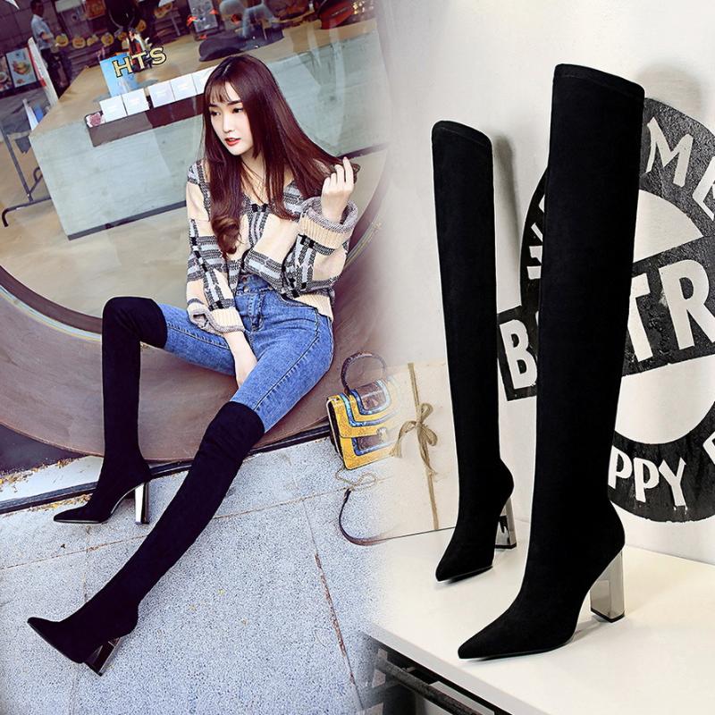 

Women Winter Black Flock Sock Long Boots Over-the-Knee Pointed Toe Thigh Thick High Heels Boots Sexy Club Short Plush Booties