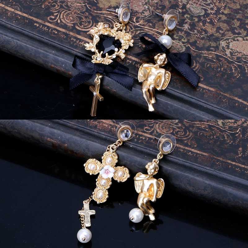 

Baroque Lace Bow Cherub Angel Drop Earrings Royal Asymmetric Pearl Jewelry Women