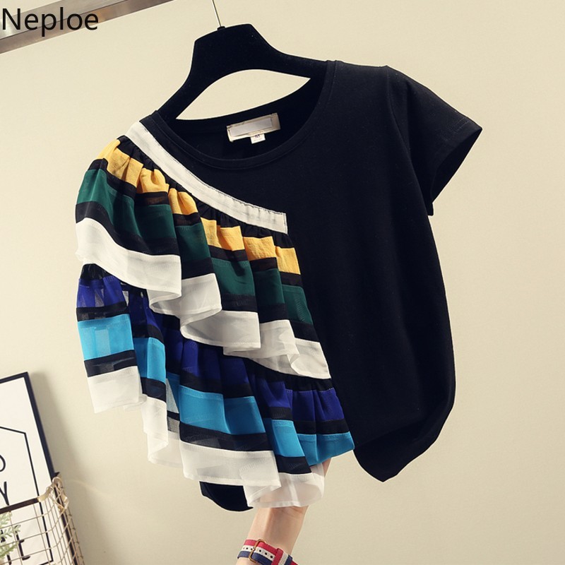 

Neploe Ruffles Patchwork Summer 2020 Women Top New Fashion O-Neck Half Sleeve Tees Korean Loose T Shirts 43388, Black