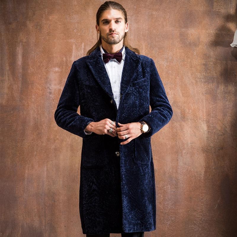 

Real Sheepskin Fur Shearling overcoat for man long slim genuine leather coat for gentleman turn down collar smart casual coat, Black model 2