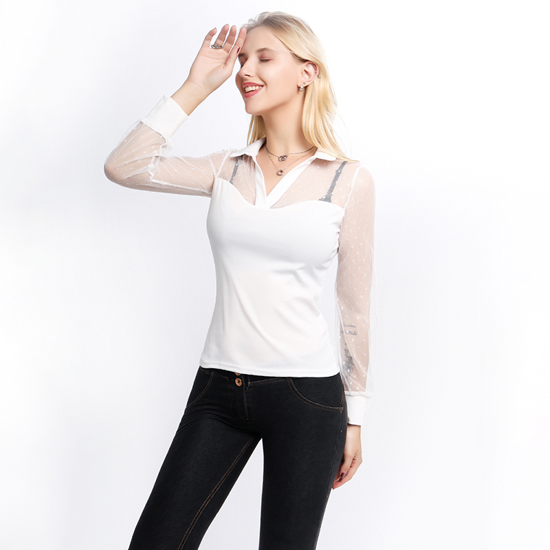 

Womens t-Shirt 2020 Summer Fashion Splicing Mesh Sexy Perspective long-sleeved Slim T-shirt Female Camisetas Verano Mujer, White