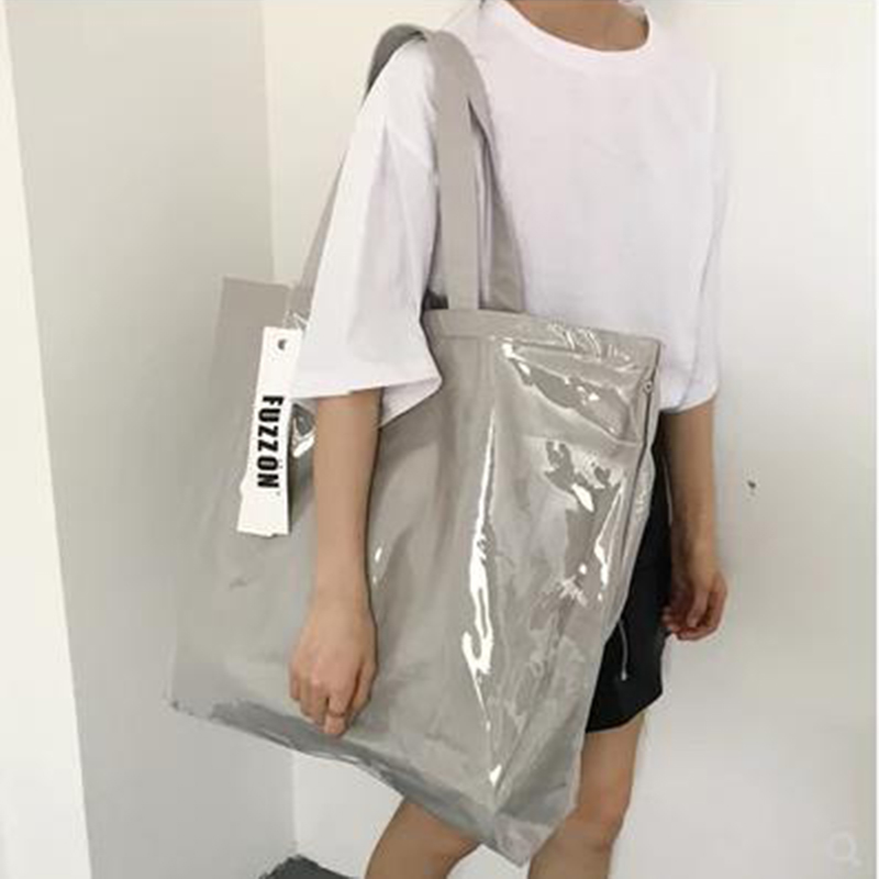 

Fashion Quality Vintage Kraft Paper Shopping Bag PVC Clear Double Transparent Bag Waterproof Causal Tote Shoulder Bag Messenger Handbag J603