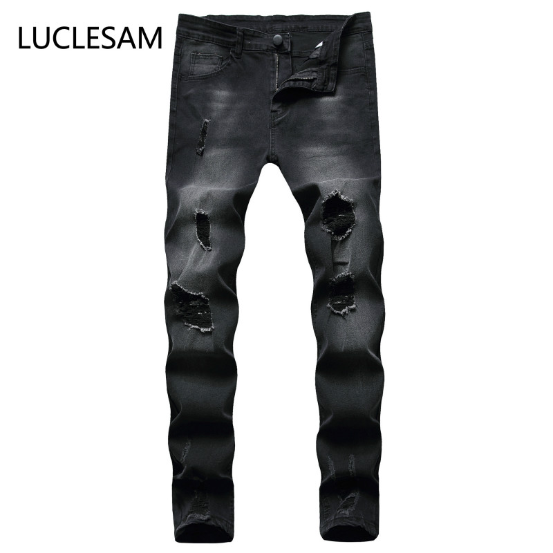 

Cool Designer Mens Stretch Destroyed Jeans Brand New Skinny Ripped Denim Trousers Casual Slim Hip Hop Pencil Pants with Holes, Black