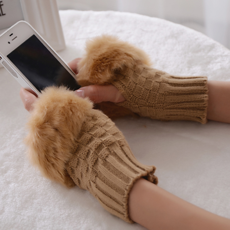 

Autumn winter cute ladies gloves exposed thick warm knitted knit hair short half finger sleeve L92
