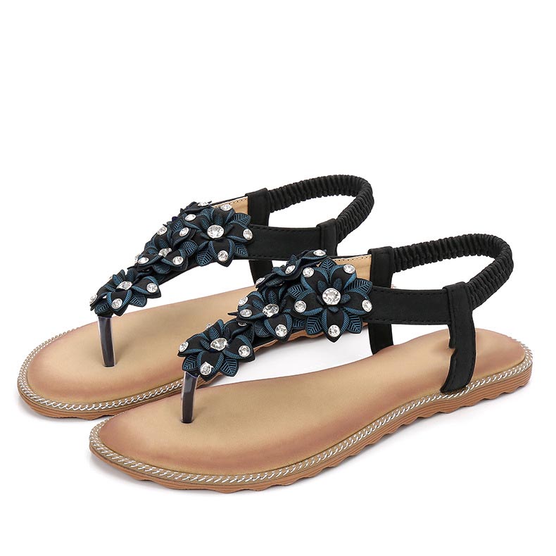 

Ladies Sandals Fashion Bohemian Solid Flat Summer Women Shoes Casual Beach Shoes Ethnic Flat Women Sandals Ladies, Black