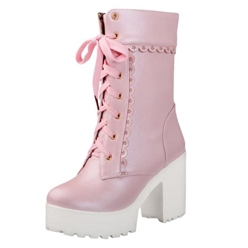 

Pink leather Lady Platform boots Women's Lace Tie square Heel Shoes Sweet High Heel Leather Motorcycle Boots winter Plus, Black