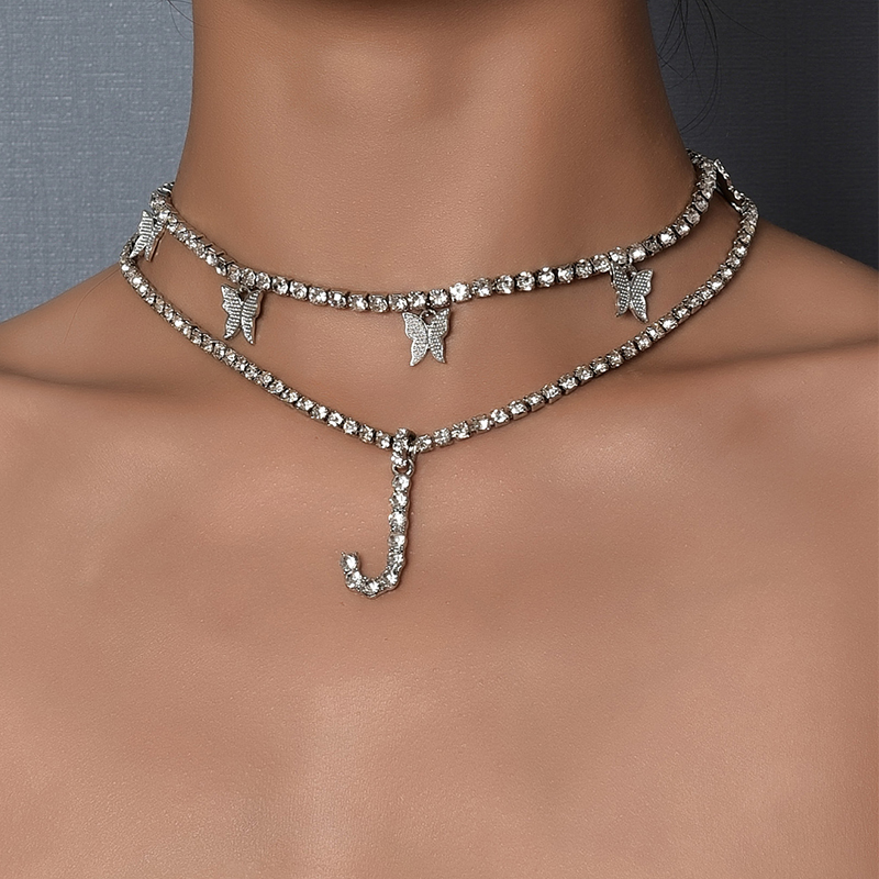 

2Pcs/Set Fashion Women Necklaces Set Letter J Butterfly Crystal Clavicle Chain Silver Color Necklace Charm Wedding Party Jewelry