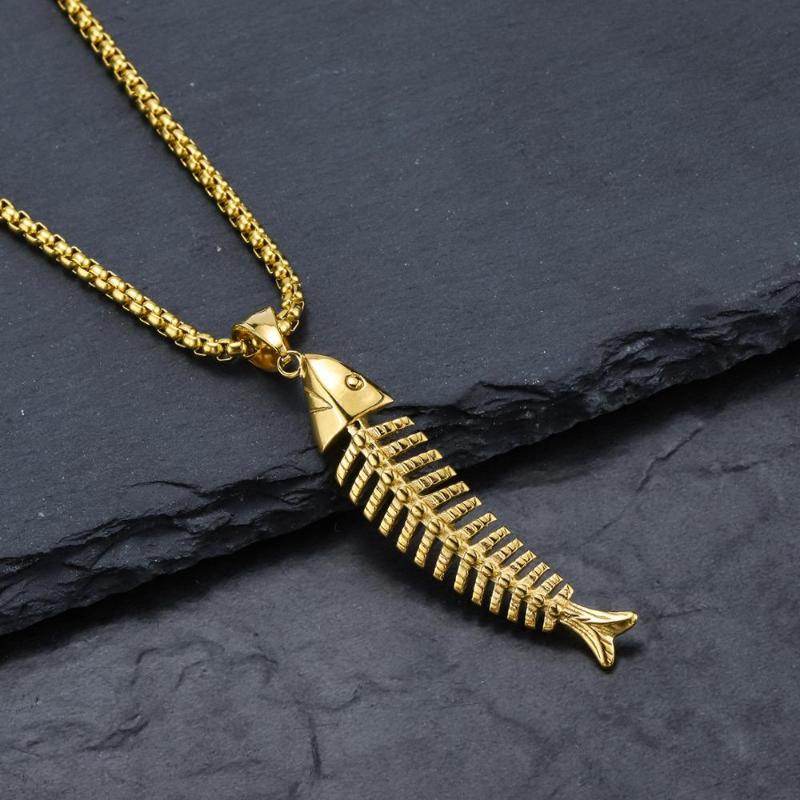 

70cm Length Fashion Stainless Steel Fishbone Pendant Necklace Gold Color Men's hip hop Necklace Jewelry