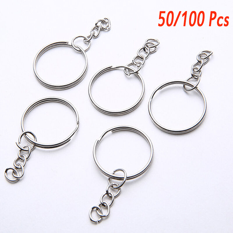 

50/100Pcs Split Ring with Short Chain Key Rings Key Chains Women Men Polished Silver Color 25mm DIY Keyring Keychain