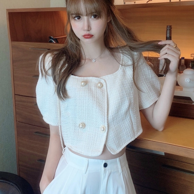 

Double Breasted Pearls Button Luxury Tweed Plaid Short Jacket Coat Korean Chic Short-Sleeved Summer Ladies Vintage Tweed Coat, Blue