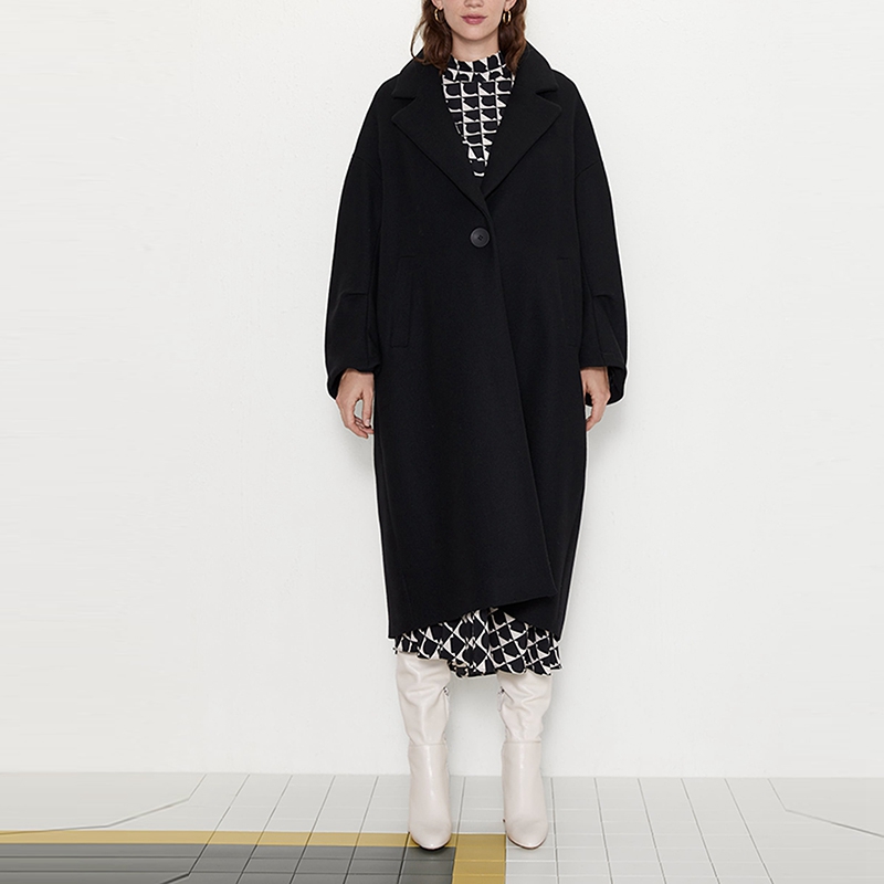 

Fashion Women Loose One Button Woolen Overcoat Casual Autumn Winter Turn Down Collar Black Wool Blends Outwear Cardigan XZ2215