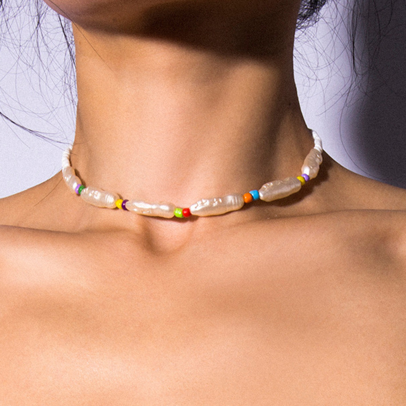 

Chic Temperament Colorful Beads Imitation Pearl Choker Necklace Women Vintage Geometric Neck Chocker Colar Necklace Jewelry
