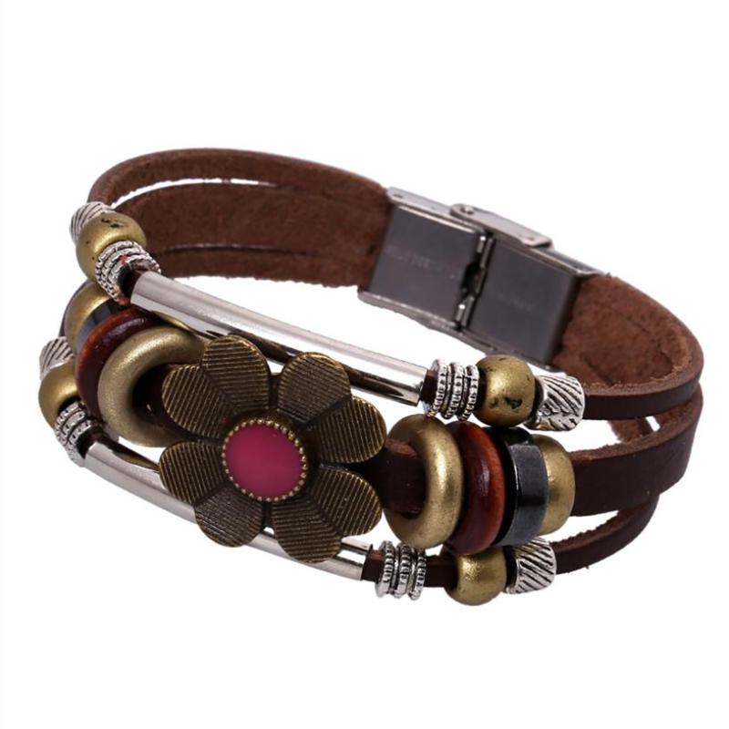 

creative flower vintage leather bracelet Jewellery for women with clasp Beaded wristband for punk men vintage bracelet
