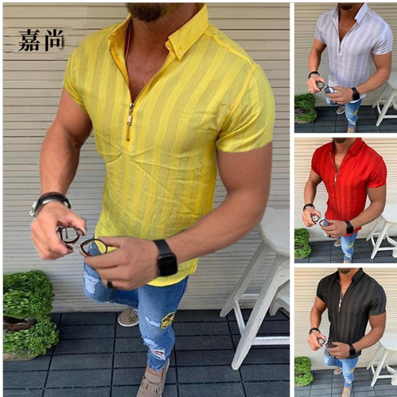 

2020 Summer Men Casual T Shirts Fashion Hawaiian Stripe Short-sleeve Beach Holiday Floral Streetwear V-Neck Zipper T-shirt, Yellow
