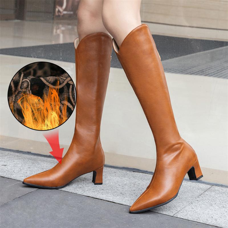 

Plus Size 34-48 Women's Boots Casual Fashion Pointed Toe Mid Heel Boots Women Leather Knee High Long Fur Shoes, Beige