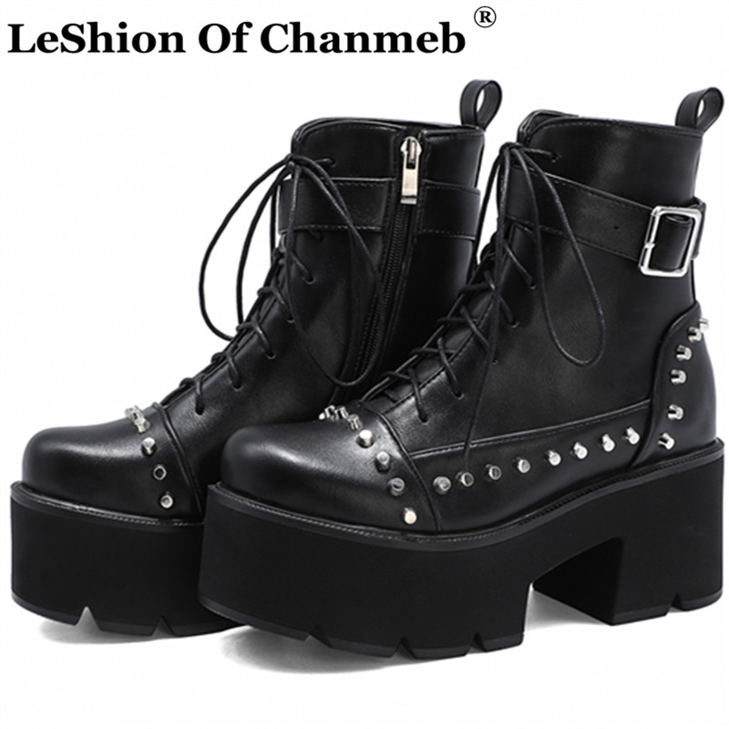 

Steam Punk Rock Rivets Studded Boots Women Chunky Heels Thick Platforms Motorcycle Boots Lady Female Lace up Buckle Booties Shoe, Black