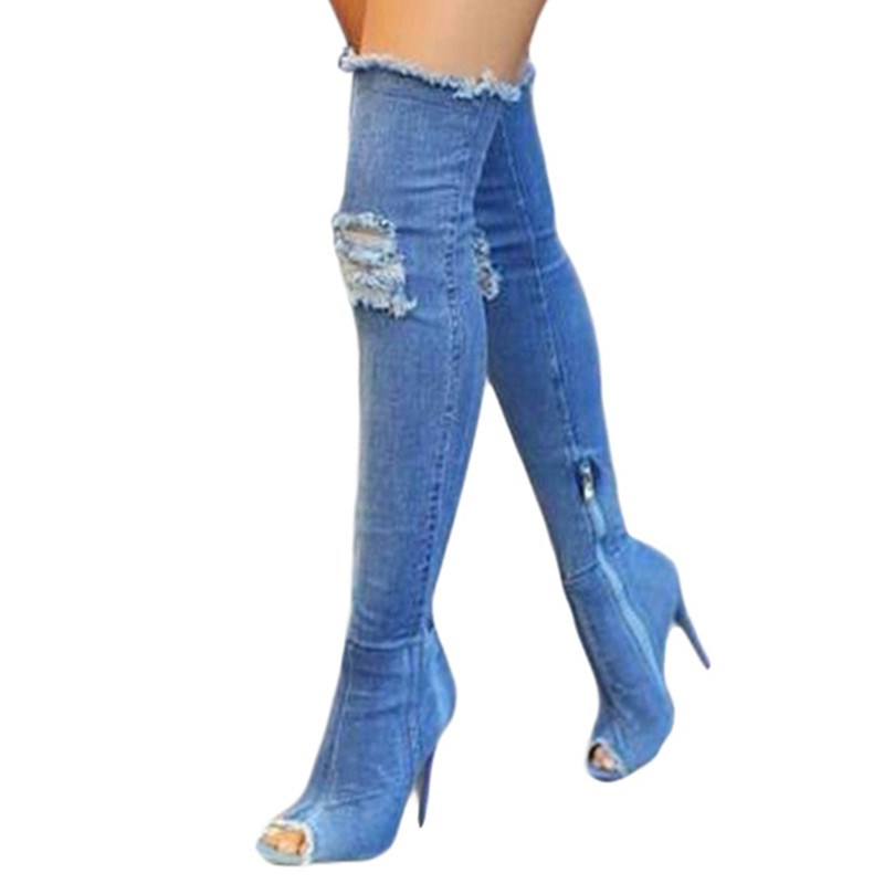 

2020 New Fashion Women Hole Denim High Heels Over The Knee Boots Spring Summer Sexy Peep Toe Thigh High Boots Hot Botas N15W, N15w light blue