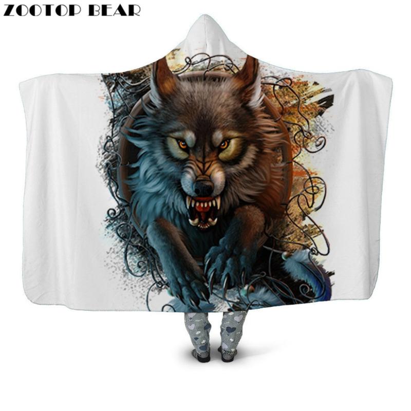 

White Plush Hooded Blanket Wearable 2020 Fashion Mantle Home Fleece Throw Wolf 3D Printed High Casual Soft Office Adults Bedding