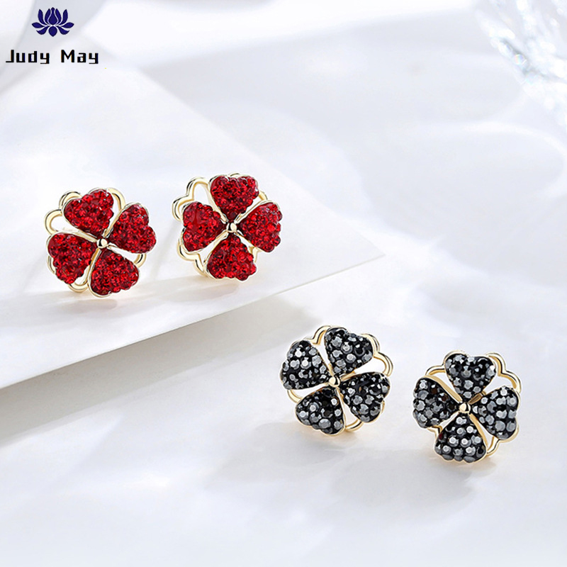 

New Rotating Four-Leaf Clover Earrings Red And Black Female New Trendy Fashion Simple Compact Earrings Korea Net
