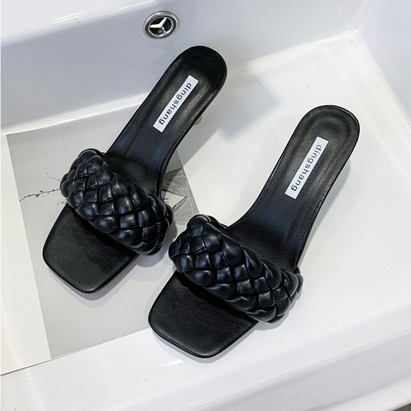

New Arrivals Fine Heel Braid Squar Toe Slippers Casual Convenient Beach Shoes Women Elegant Vintage Slippers Heels Summer White, Brown