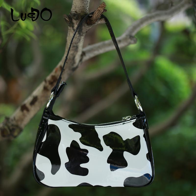 

LUCDO Designer Cow Pattern Female Handbags Luxury Patent Leather Female Baguette Messager Bags Mini Underarm Bag Totes Clutch