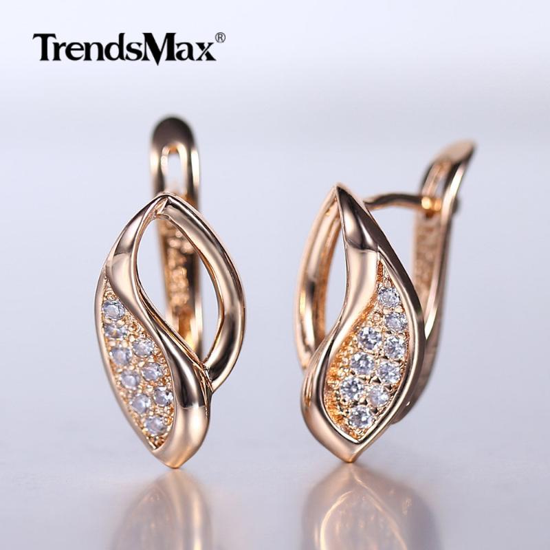 

Cut Out Leaf White Cubic Zircon Oval Earrings for Women Girls 585 Rose Gold Crystal Stud Earrings Accessories Jewelry GE283