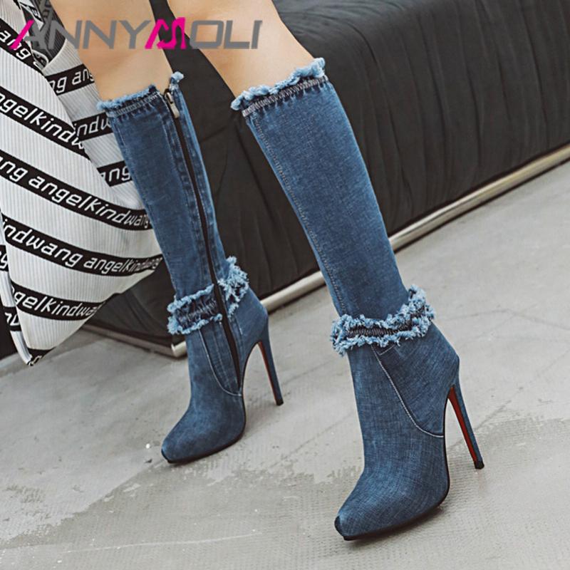 

ANNYMOLI Winter Knee High Boots Women Boots Denim Thin Heel Long Sexy Zipper Super High Heel Shoes Lady Autumn Big Size 43, Black