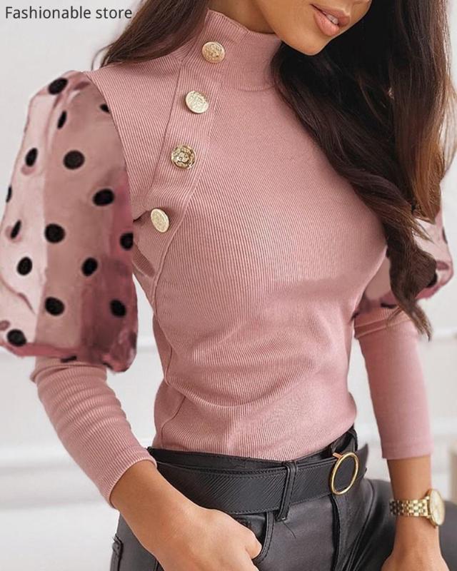 

Women Autumn Winter Turtle Neck Mesh Spliced Polka Dot Puffed Sleeve Buttoned Design Blouse, As pic