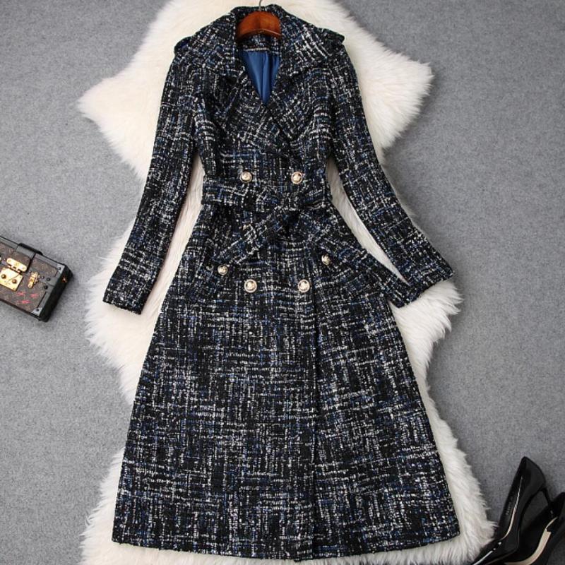 

plus size 5XL! Winter Tweed Woolen Jackets and Coats Fashion Double breasted Vintage Plaid Long Wool Blend Coat, Dark blue
