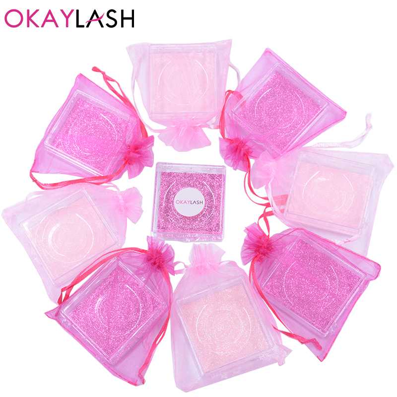 

OKAYLASH Wholesale 2020 Newest Beautiful Unique Style Empty Pink Clear Eyelash Packaging Case with Silk Organza Drawstring Bag