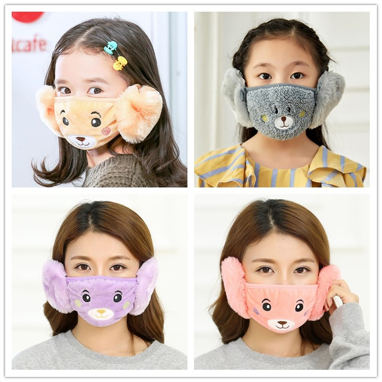 

2 In 1 Child Cartoon Bear Face Mask Cover Plush Ear Protective Thick Warm Kids Mouth Masks Winter Mouth-Muffle Earflap For Kids And Adults