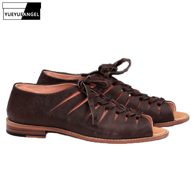 

Men Sandals Summer Fashion Handmade Real Leather Casual Rome Sandals Breathable Lace Up Open Toe Gladiator Shoes Plus Size 37-46, Brown