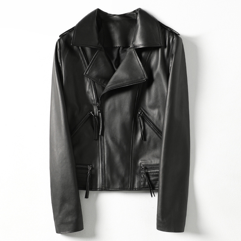 

Size  L XL XXL Zipper 100% Sheepskin Short Coat Turn Down Collar Real Leather Biker Jacket For Women Female Pockets Outerwear, As pic