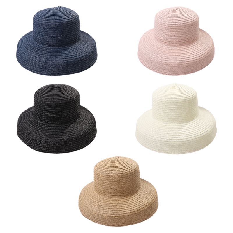 

Women Summer Vintage Hepburn Straw Sun Hat Bell Shaped Wide Brim Solid Color UV Protection Travel Floppy Beach Cap, Black