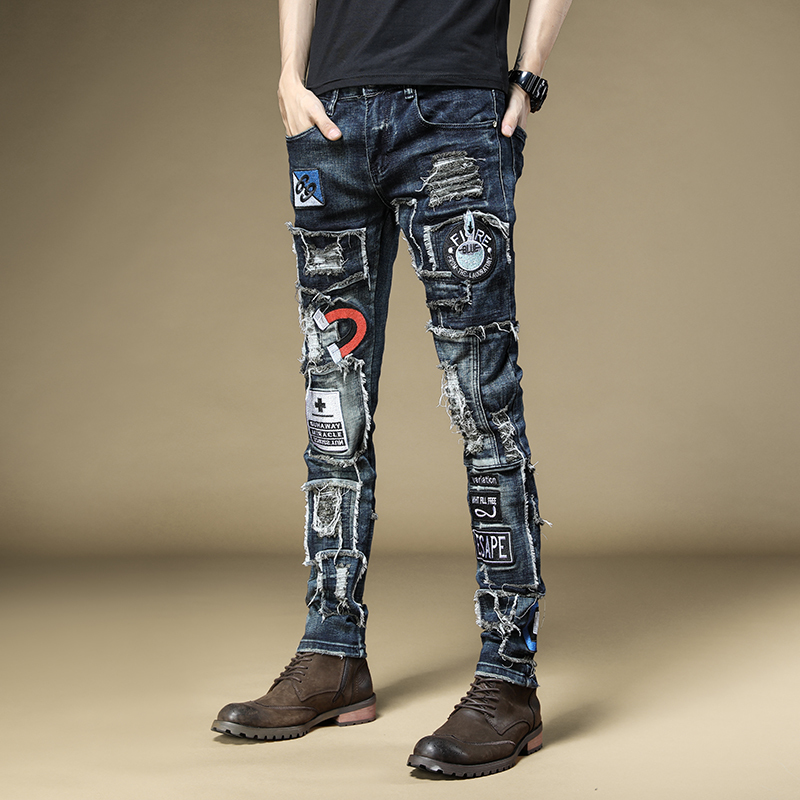 

Pantolon Erkek Kot Men's Male Denim Jeans Spring Embroidered Slim Feet Pants Fashion Hip-hop Rock Tide Casual Trousers 84%cotton, As pic