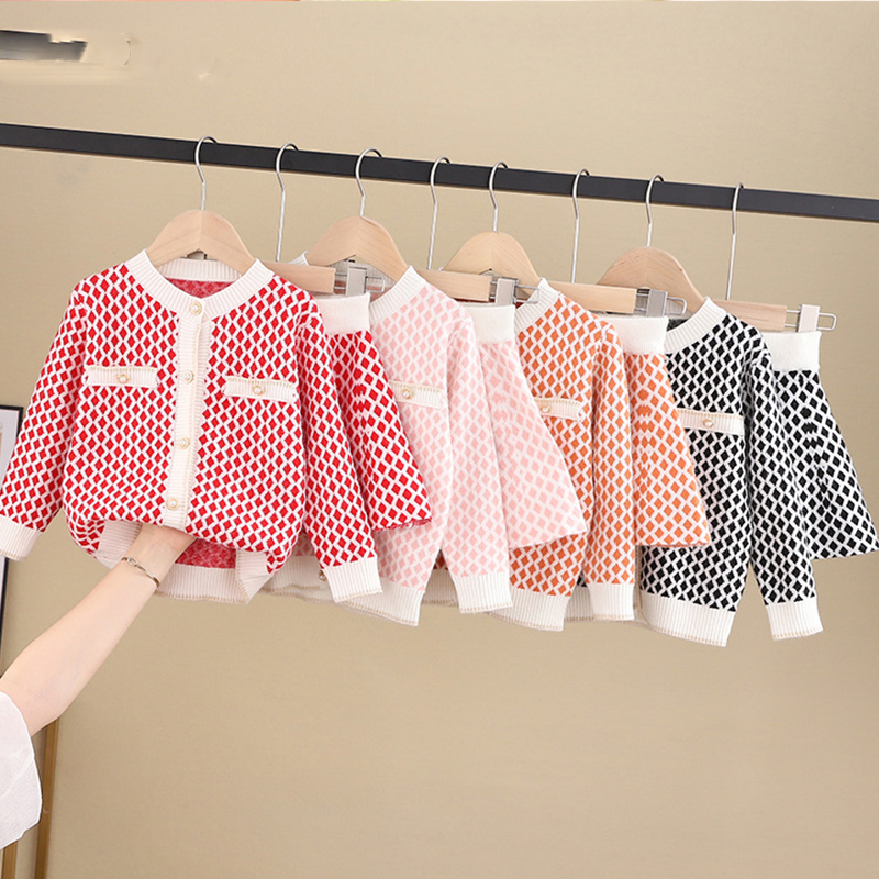 

Girls' sweater set 2020 new Baby Girls sweater cardigan and skirt two-piece suit long-sleeve Children Girls' knitted sweater set, Red