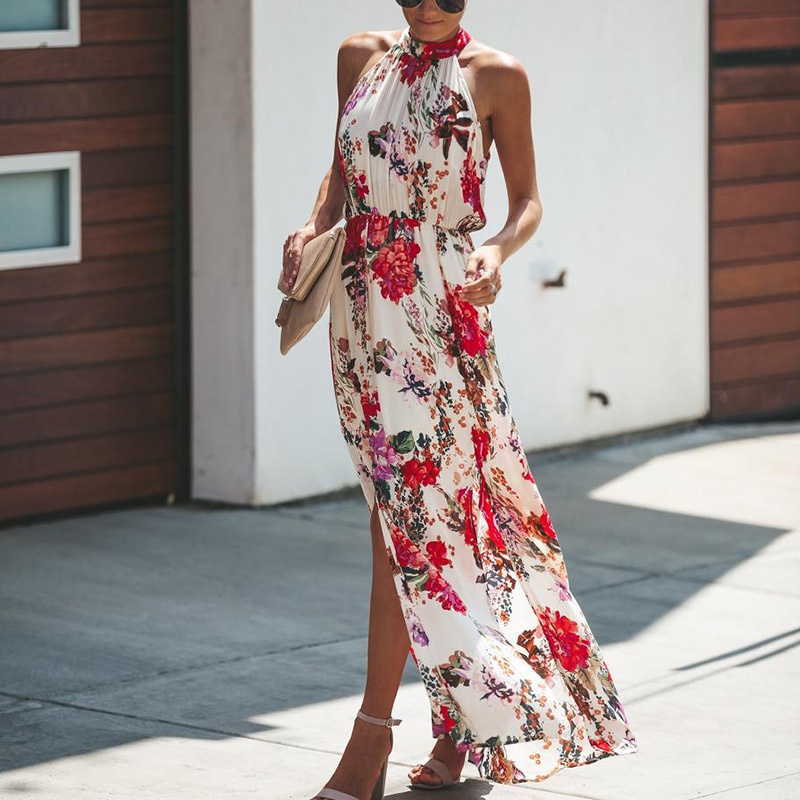 

Blackday Womens Floral Pattern Halter Boho Long Beach Summer Sundress Sleeveless Ankle Length Dresses Hot Style, Gray