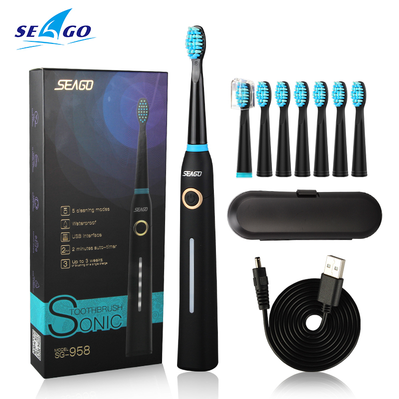 

Seago Sonic Electric Toothbrush Tooth brush USB Rechargeable adult Waterproof Ultrasonic automatic 5 Mode with Travel case T200901