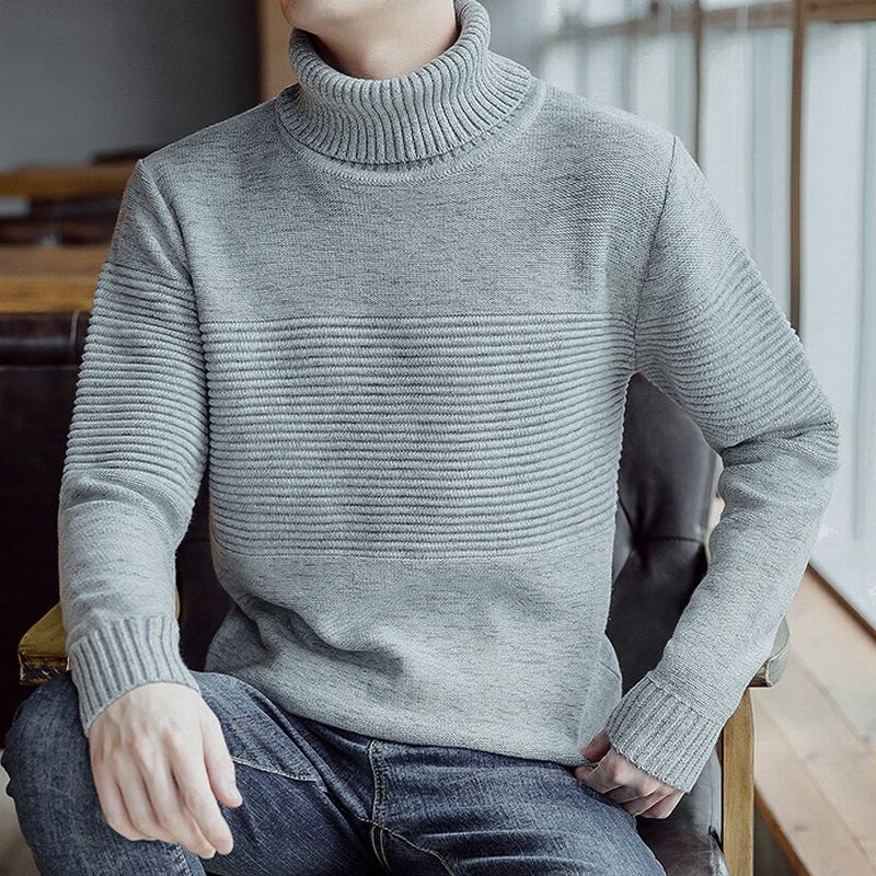 

Spring and Autumn New Style Men's High Collar Sweater Fashion Casual Sweater Pure Cotton Men Base Shirt Thin, Gray