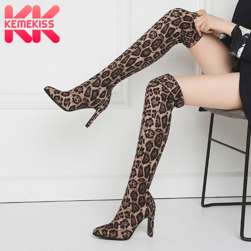 

KemeKiss New Arrival Women Knee Boots Fashion Stretch Boots Sexy Leopard Winter Shoes Women Party Long Footwear Size 34-43, Leopard 1