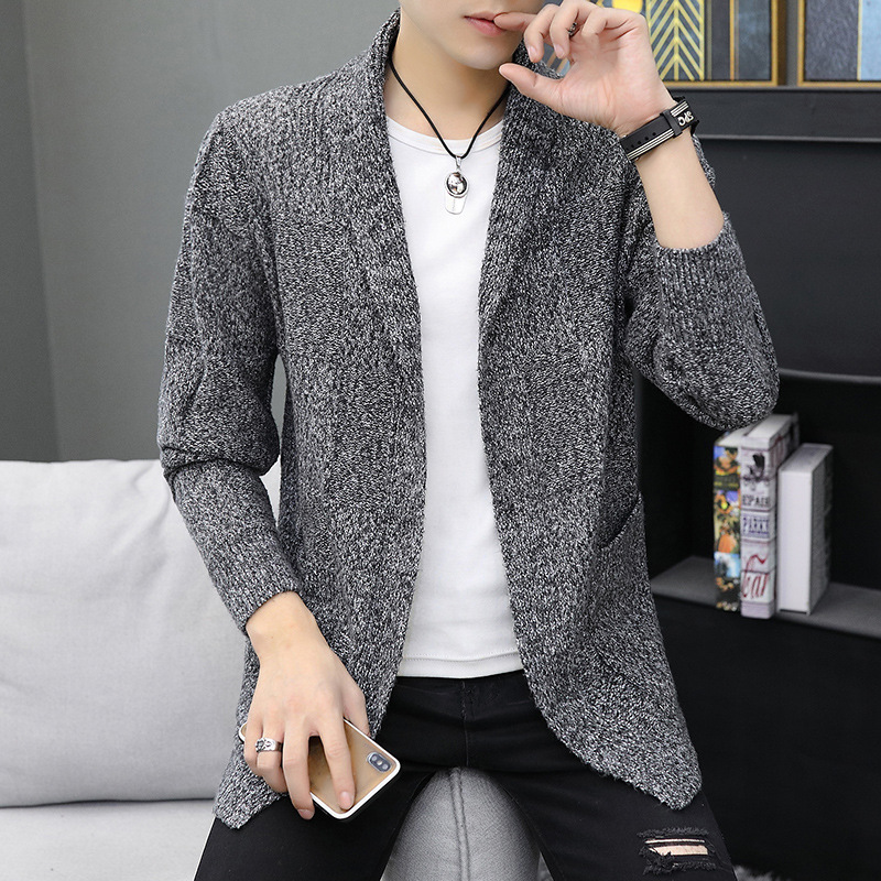

Autumn Winter Mens Cotton Cardigan Turn-down Collar Pocket Patchwork Mid-length Coat Knitted Casual Hombre Sweater Pull Homme, Black