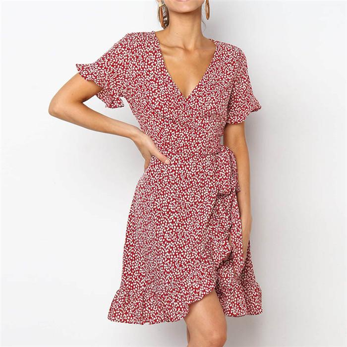 V Neck Floral Dress Summer Short Sleeve Chiffon High Waist Ruffle Casual Dresses Famale Irregular Clothes-image-588065912