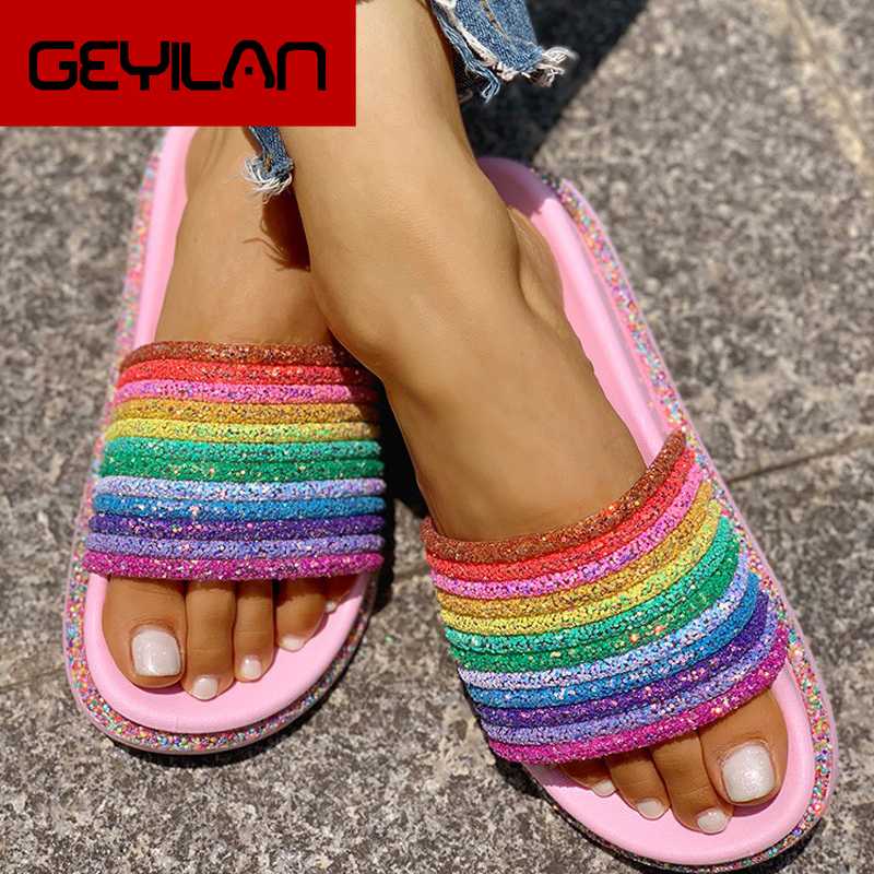 

Rainbow Bling Slippers For Girls Summer Non-slip Soft Beach Ladies Slides Flats Shoes Home Women Slipper Outdoor Footwear Sandal, Pink