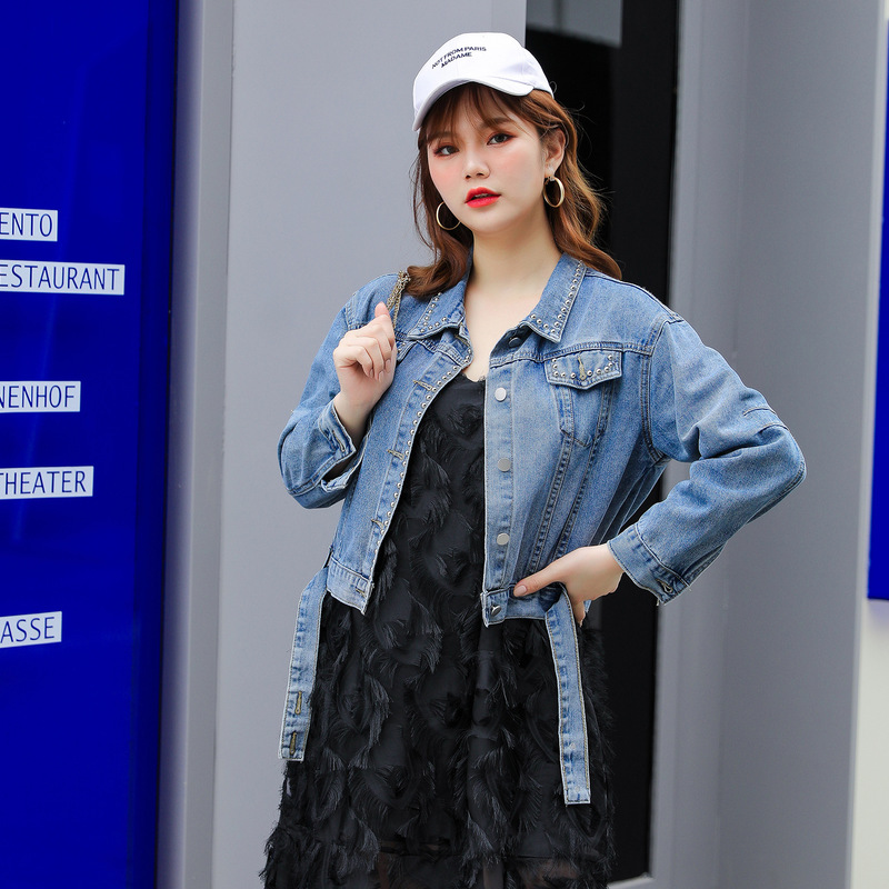 

2020 spring new large women's fat mm loose Casual Short wash denim cotton coat top 010042, Blue